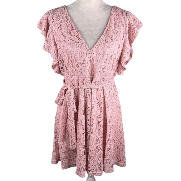 Boohoo Lace Ruffle Sleeve Skater Dress Blush 14 New - Picture 2 of 14